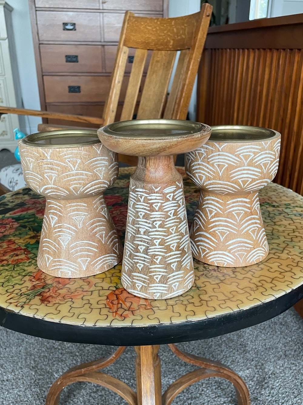 Target Opalhouse Hand Carved Wooden Candle Pillar Holders Set, Gold Tops, Boho